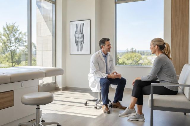 Doctor consulting with female patient in bright orthopedic exam room with knee diagram.