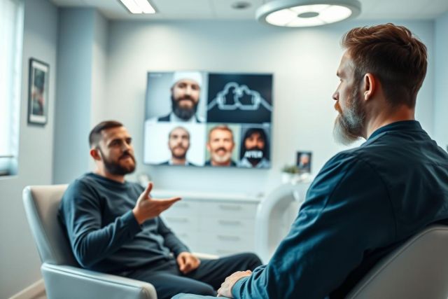 Business meeting featuring two men in a modern office setting, engaged in a video conference. A large screen displays multiple participants, suggesting a remote team collaboration. The scene conveys professional communication and teamwork in a bright, contemporary workspace.