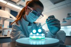 Scientist in lab coat and mask analyzes a petri dish with glowing blue liquid. Research, microbiology, and biotechnology concepts are highlighted in this close-up image.