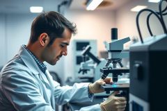 Scientist in a lab coat examines a sample under a microscope. The image features a modern lab environment with scientific equipment, suggesting research or analysis. Focus is on precision and detail.