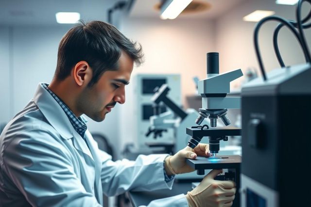 Scientist in a lab coat examines a sample under a microscope. The image features a modern lab environment with scientific equipment, suggesting research or analysis. Focus is on precision and detail.