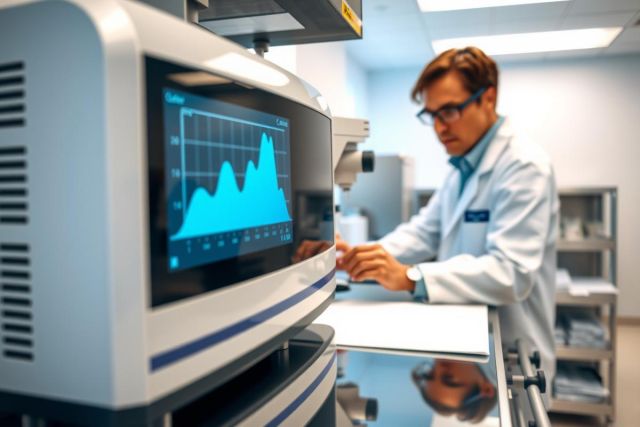 Scientist in a lab coat examines a sample using equipment. Focus on research, analysis, and a modern scientific environment. White coat, lab, technology, research.