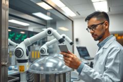 A scientist in a lab coat examines a smartphone, surrounded by industrial equipment and robotic arms. The image showcases a modern laboratory setting with a focus on technology and research.