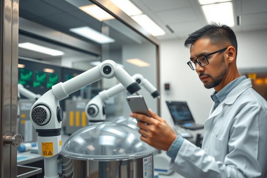A scientist in a lab coat examines a smartphone, surrounded by industrial equipment and robotic arms. The image showcases a modern laboratory setting with a focus on technology and research.