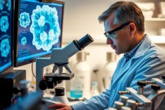 Scientist examining a microscope slide in a laboratory. The image showcases research, biology, and medical science with a focus on detailed analysis and scientific discovery. Blue and white color scheme.