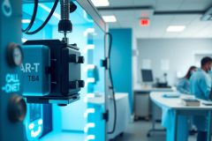 Lab setting with researchers in blue lab coats working around equipment. Focus on a scientific instrument in a brightly lit, modern laboratory environment. Blue tones dominate the scene.