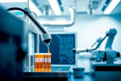 Automated lab process: robotic arm dispensing liquid into a test tube. Sterile environment, bright lighting, and precise machinery suggest scientific research or pharmaceutical production.