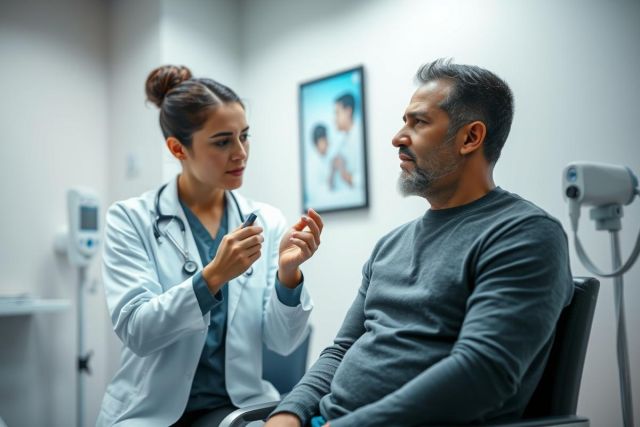 Doctor consulting with a patient in a clinical setting. A female healthcare professional wearing a white coat discusses health concerns with a male patient. The image features a modern, clean examination room with medical equipment and a family photo in the background. Focus on healthcare, medical consultation, and patient care.