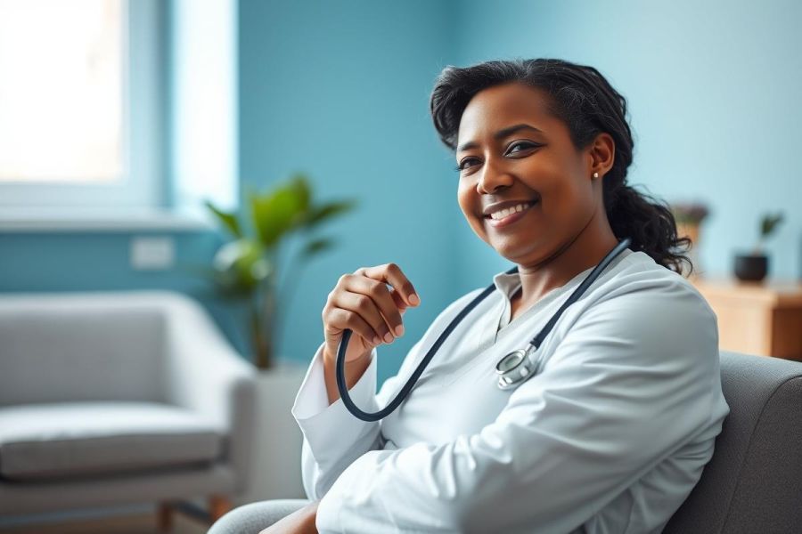 Portrait of a smiling African American female doctor wearing a white coat and stethoscope, seated in a modern, light-filled room with blue walls and greenery. Healthcare professional, medical, doctor, patient care, wellness, and a friendly, approachable atmosphere.
