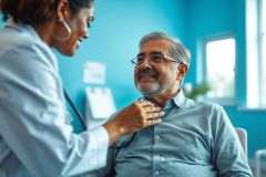 Doctor examining an elderly man with a stethoscope in a bright, blue medical office. Healthcare checkup, patient care, senior health, and wellness are key themes. Focus on a positive doctor-patient interaction.