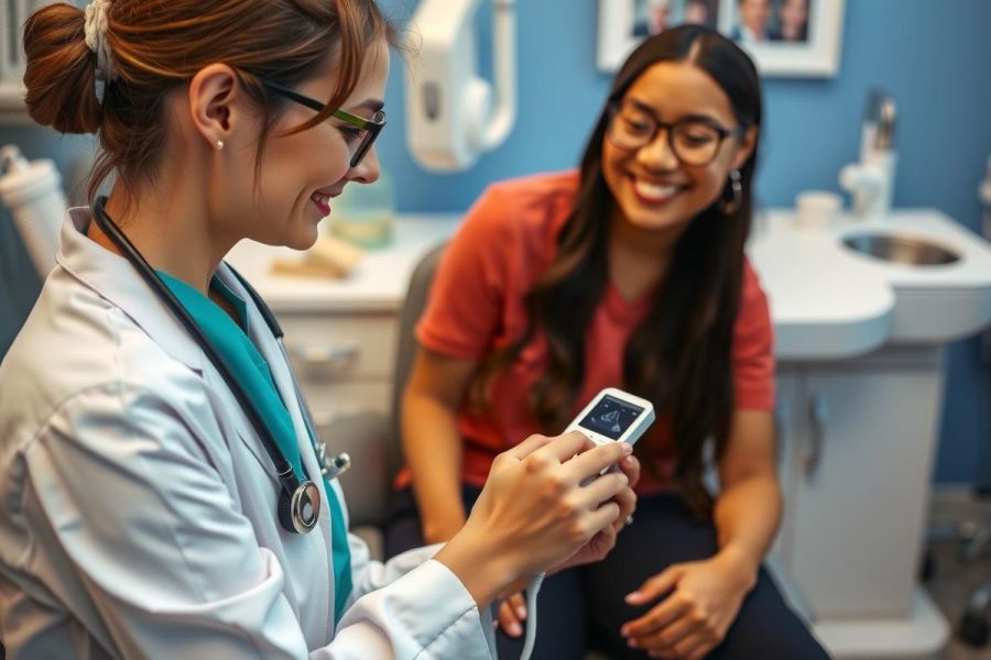 A doctor examines a patient with a device, likely in a medical office setting. The scene features a professional healthcare environment with blue walls and medical equipment. A friendly interaction between the doctor and patient is evident.