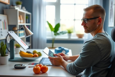 The image shows a man sitting at his office desk, wearing glasses and looking down towards his laptop. He has short hair and is dressed casually in a grey shirt. The office environment includes a well-lit space with natural light coming through the window.