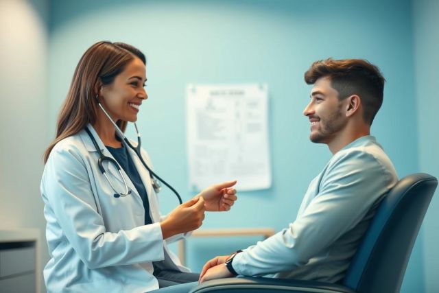 A smiling female doctor in a white coat examines a male patient in a bright, modern medical office. The scene conveys healthcare, consultation, and wellness with a focus on a positive patient-doctor relationship. Blue and white tones dominate the environment.