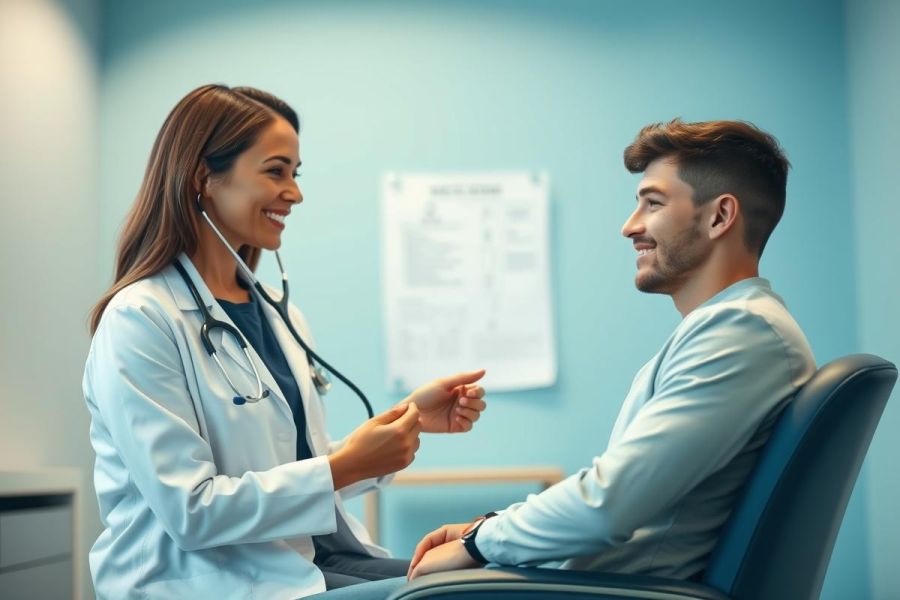 A smiling female doctor in a white coat examines a male patient in a bright, modern medical office. The scene conveys healthcare, consultation, and wellness with a focus on a positive patient-doctor relationship. Blue and white tones dominate the environment.