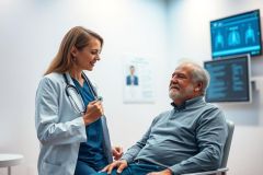 Doctor examining senior patient in a bright, modern clinic. A female healthcare professional in blue scrubs interacts with an elderly man seated in a chair, with medical imaging visible on monitors in the background. Focus on health, medical checkup, and senior care.