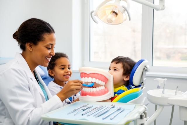 Pediatric dentist demonstrates toothbrushing on a large dental model while two young patients watch in a treatment room.