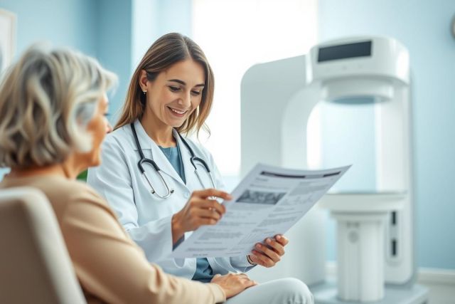 Doctor discussing medical results with a patient in a bright, modern clinic. Image shows healthcare professional reviewing paperwork near a mammography machine. Focus on preventative care and women's health. Blue and white color scheme.