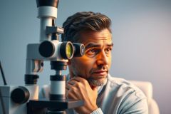Focused scientist looking through a microscope in a laboratory setting. The image features a man with graying hair and beard, illuminated by bright light, against a blue background. It depicts scientific research, microscopy, and laboratory work.