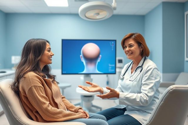 Doctor consults with a patient in a modern, light blue medical clinic. The image features a female doctor and patient discussing hair loss, with a digital display showing a scalp diagram. Healthcare, dermatology, and consultation are key themes.