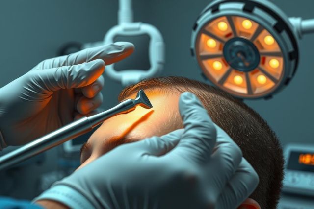 Close-up of a medical procedure, likely surgery, with a surgeon's gloved hand holding an instrument near a patient's face. Bright surgical lights illuminate the scene. Focus on precision and medical care.