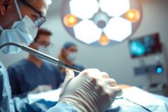 Surgeon performing a medical procedure in an operating room. Close-up view of gloved hands and surgical instruments under bright lights. Healthcare professionals visible in the background. Focus on precision and medical environment.