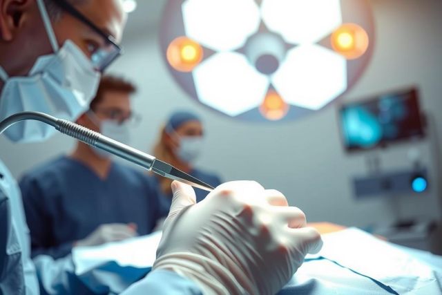 Surgeon performing a medical procedure in an operating room. Close-up view of gloved hands and surgical instruments under bright lights. Healthcare professionals visible in the background. Focus on precision and medical environment.