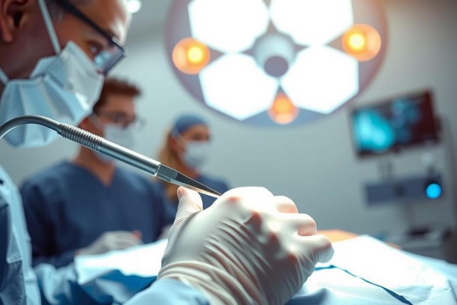 Surgeon performing a medical procedure in an operating room. Close-up view of gloved hands and surgical instruments under bright lights. Healthcare professionals visible in the background. Focus on precision and medical environment.