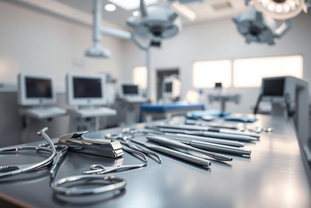 Surgical instruments laid out on a sterile operating room table. The bright, modern OR features medical monitors and overhead lighting. A focus on stainless steel tools in a clean, clinical environment. Healthcare, surgery, medical equipment.