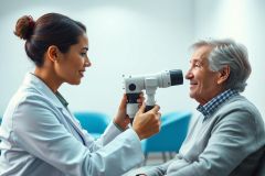 Optometrist examining an elderly man's eyes in a bright, modern clinic. The doctor uses an ophthalmoscope for a routine eye exam. Healthcare, vision care, and senior health concepts are depicted in this image.