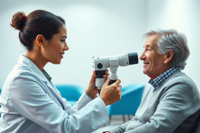 Optometrist examining an elderly man's eyes in a bright, modern clinic. The doctor uses an ophthalmoscope for a routine eye exam. Healthcare, vision care, and senior health concepts are depicted in this image.