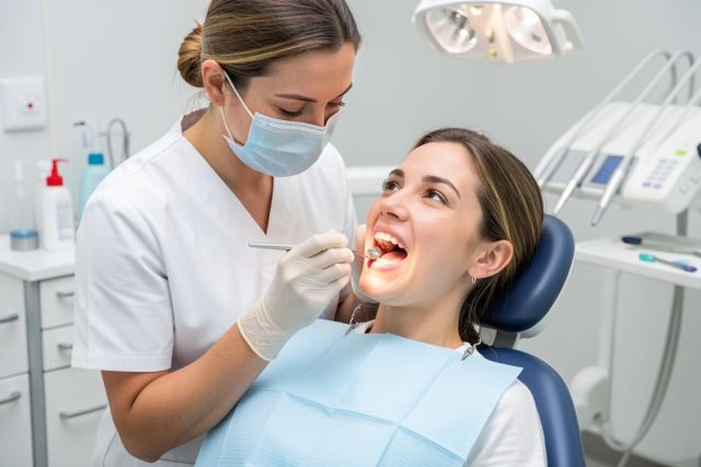 Dental hygienist examines a patient's open mouth with a mirror during a periodontal check.