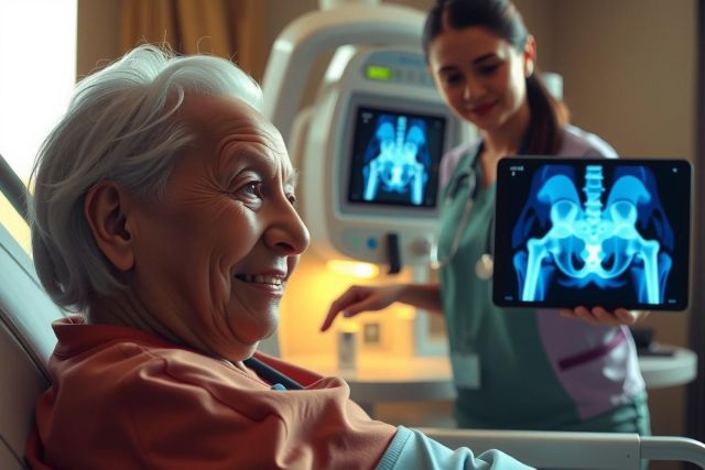 The image shows a medical setting where an elderly patient is lying on a hospital bed. A nurse is standing next to her, holding up an iPad with a CT scan of the patient's chest displayed on it.