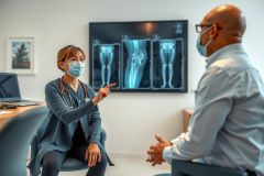Doctor examines X-ray images with a patient in a medical office. Healthcare professional discusses diagnostic results, focusing on knee scans. Modern clinic setting, professional consultation.