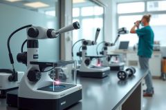 Close-up of laboratory equipment, including microscopes, in a bright lab setting. A person is partially visible in the background. Focus on scientific research and analysis.