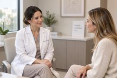 Doctor in white coat consulting a patient in a calm aesthetic clinic setting