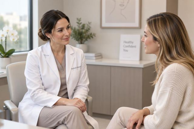 Doctor in white coat consulting a patient in a calm aesthetic clinic setting