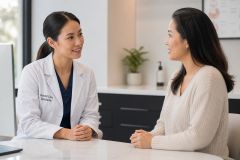Dentist consulting with patient in a calm dental office discussing post-implant recovery.