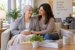 Patient and companion sharing supportive conversation in a bright, calm healthcare waiting room.