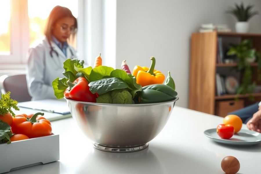 Fresh vegetables in a metal bowl on a table, with a blurred healthcare professional in the background. Includes red, orange, and green bell peppers, tomatoes, and herbs, suggesting healthy eating or nutrition.