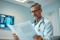 Focused male doctor in a white coat and glasses examines medical documents in a modern clinic. An X-ray image is visible behind him. The scene features cool blue and white tones, suggesting a professional healthcare environment. Keywords: doctor, healthcare, medical, clinic, X-ray, examination.