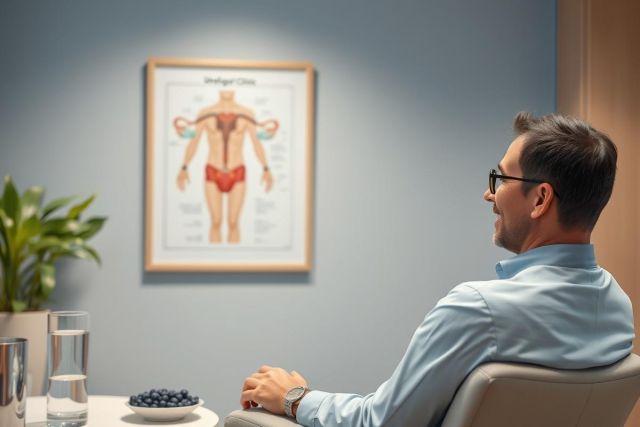 Man seated in a modern, blue-toned waiting room with a framed anatomical chart of the lymphatic system on the wall. The scene suggests a medical or healthcare setting, with a table featuring water and blueberries. Professional, calm, and informative atmosphere.