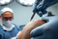 Close-up of a surgical procedure. A surgeon wearing gloves and a mask operates on a patient's leg. The scene is in a sterile operating room with bright lighting. Focus on precision and medical expertise.