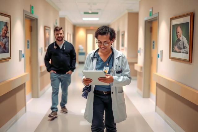 This image shows a healthcare setting with two individuals. The person in the foreground, wearing glasses and a white coat, is likely a medical professional such as a doctor or nurse. They are holding what appears to be patient information or notes on an electronic device. In the background, another individual is walking down the hallway; they could be a colleague or a visitor.