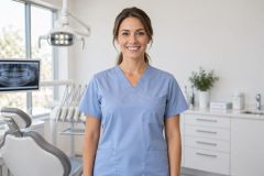 Smiling female dental professional in a modern treatment room with chair and X‑ray monitor