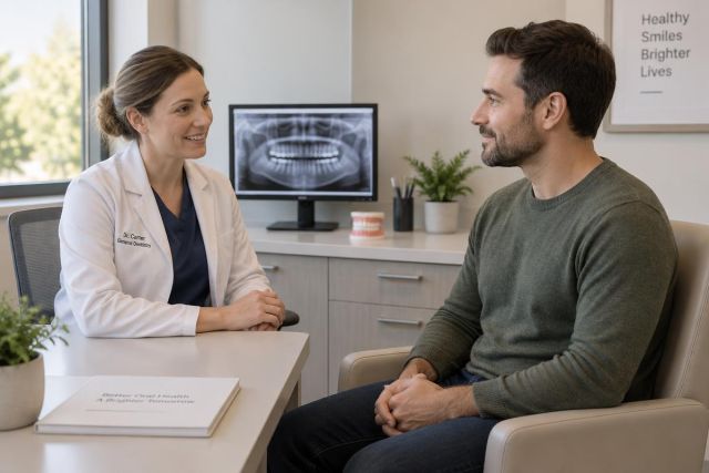 Dentist consulting a male patient in a clinic, dental X-ray and tooth model visible on desk.