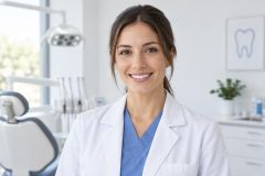 Smiling dentist in white coat standing in modern dental operatory, dental chair visible.