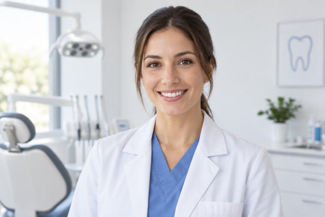 Smiling dentist in white coat standing in modern dental operatory, dental chair visible.