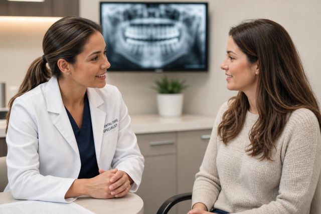 Dentist consulting a patient in a calm clinic, with dental X-ray displayed behind them.