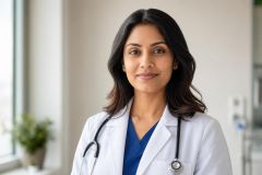 Female physician in clinic wearing white coat and stethoscope, calm professional portrait.