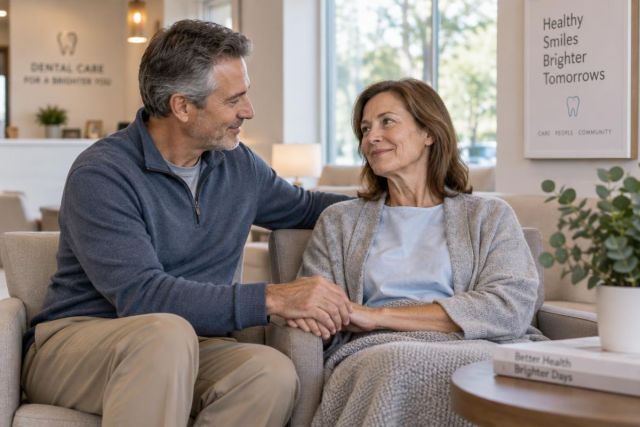 Middle-aged couple sharing a supportive moment in a calm dental clinic waiting room.